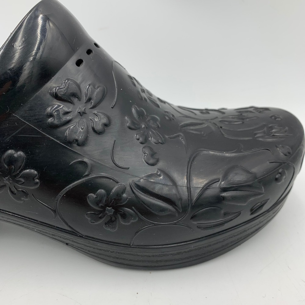 Dansko Pixie Black Floral Embossed Clogs Rubber E… - image 3